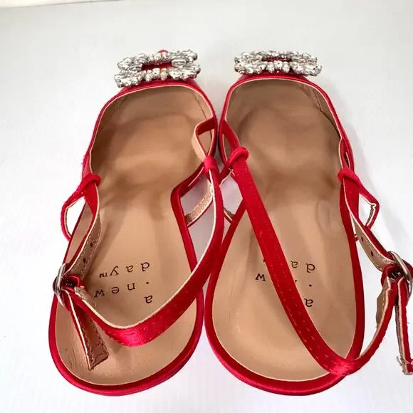 Satin Kitten Heels Women's 8 Red Rhinestone Glam Coquette Prom Wedding Formal - Picture 7 of 10